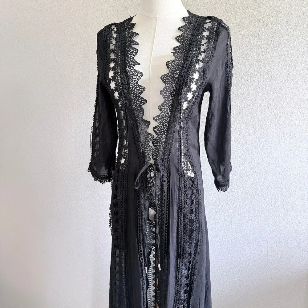 ELAN Beach Festival Crochet Long Cover Kimono Lace Maxi Tie Front Small